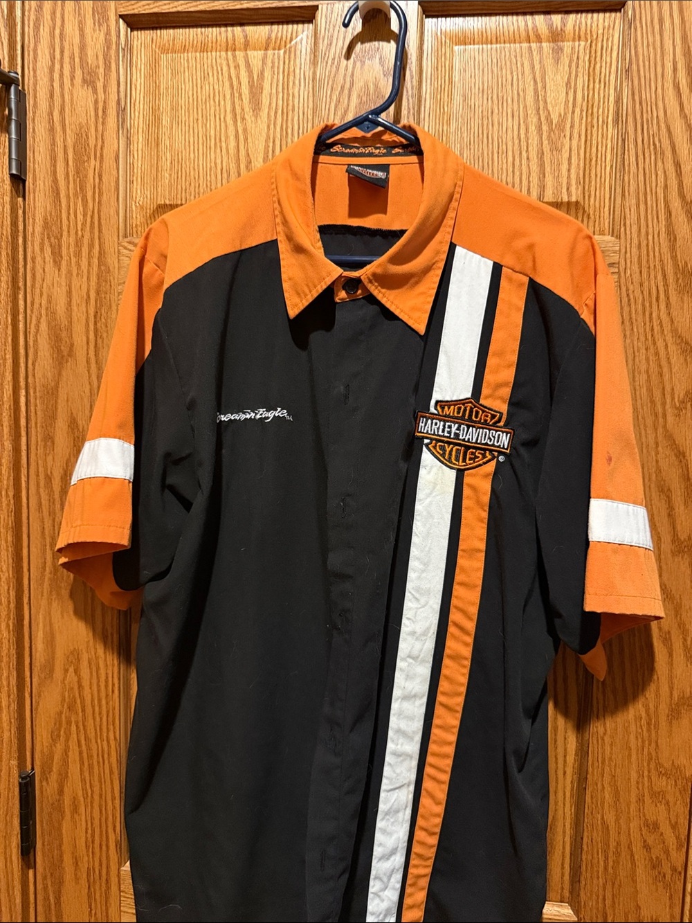 Harley-Davidson Black and Orange Short Sleeve Button-Up Work Shirt